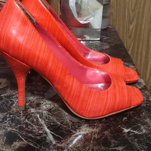 BCBGirls Snakeskin Peep Toe Heels, Size 6.5